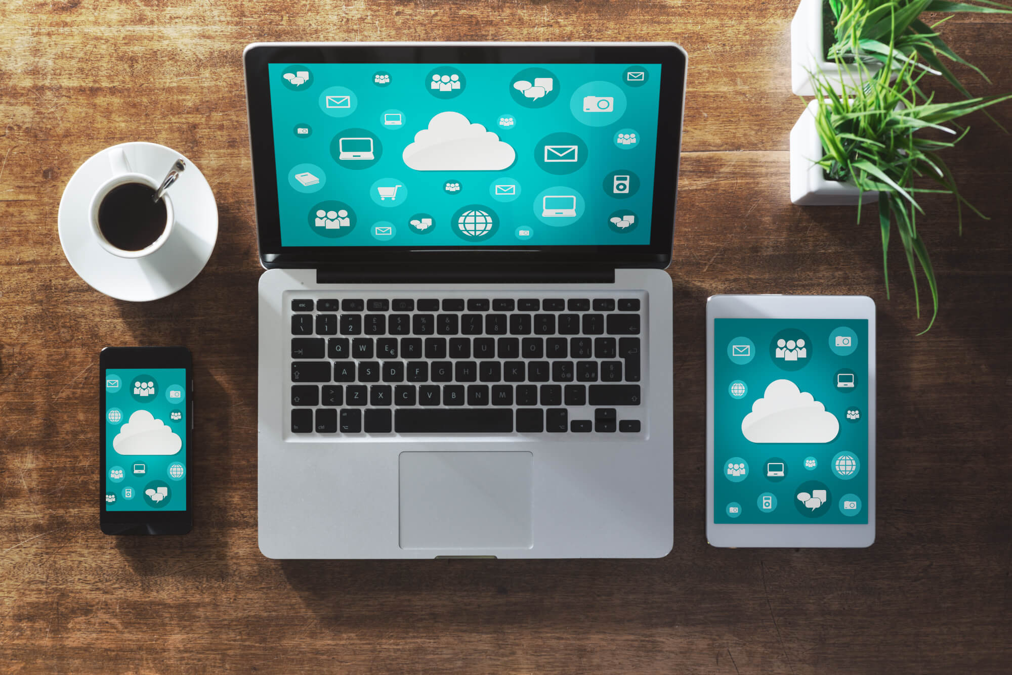 Laptop, Tablet, Smart Phone with Cloud Icons